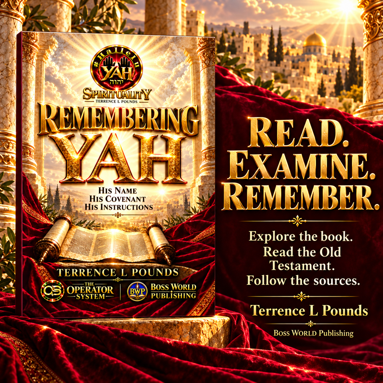 Remembering YAH book cover beside gold Read. Examine. Remember. lettering, ancient columns and crimson fabric